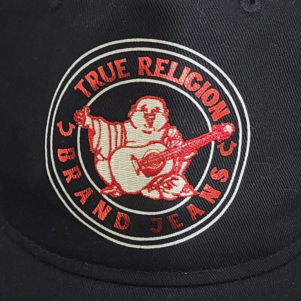 True Religion Brand Jeans Buddha Foil Hat Adult Black Adjustable Buckle Snap Cap